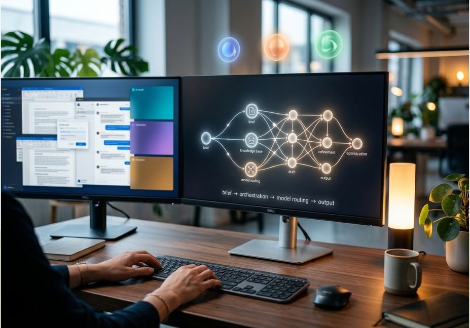 Professional workspace with dual monitors showing an AI content orchestration workflow diagram, February 2026 AI writing tools update