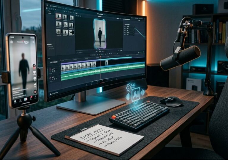Content creator editing a short-form video with AI tools on a desktop setup