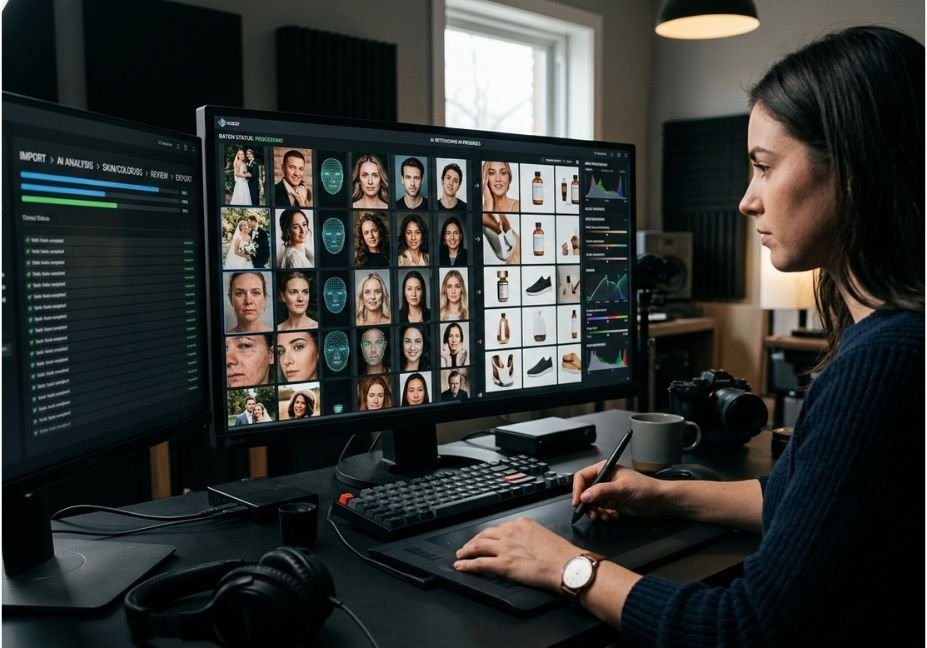 AI bulk photo retouching workspace with multiple portraits and product images.