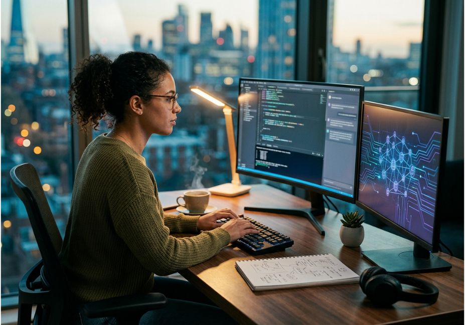AI developer using coding assistant tools on dual monitors in modern workspace