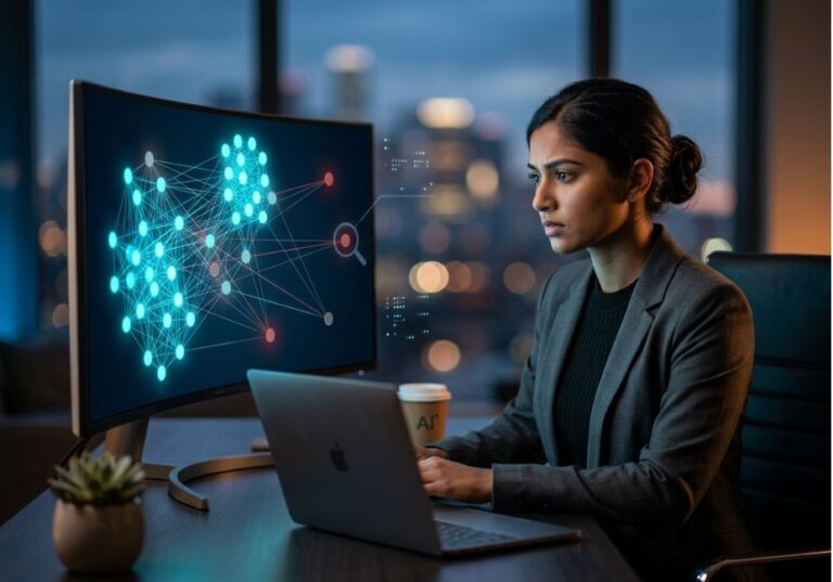 Analyst using AI content analysis tool to detect topic gaps on network graph dashboard