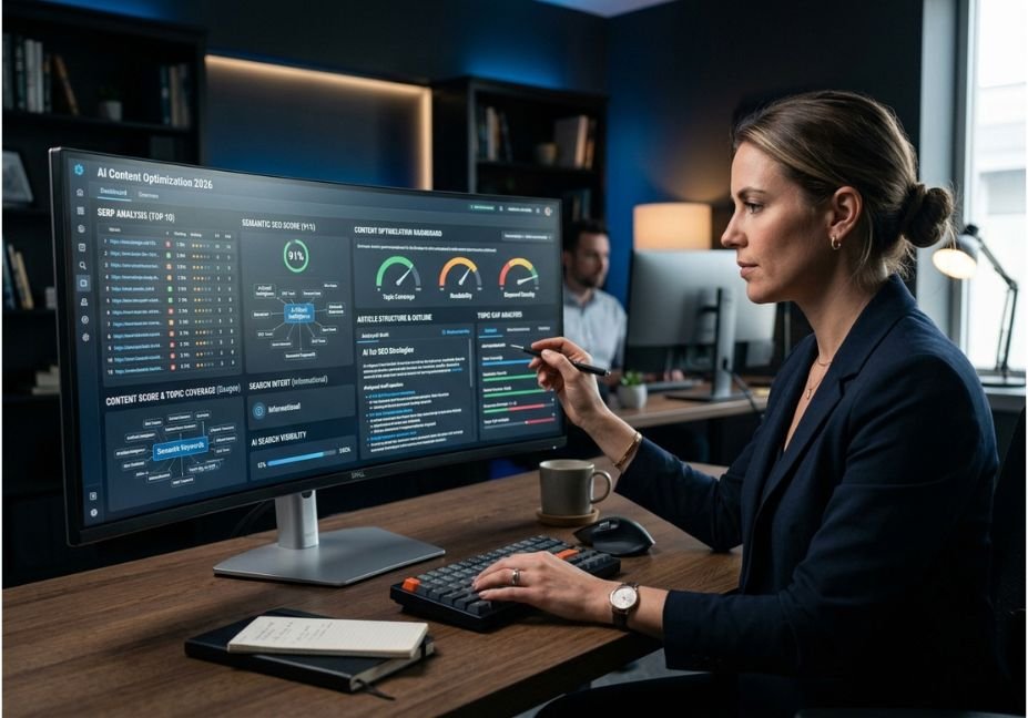 AI content optimization dashboard with SEO metrics and analyst