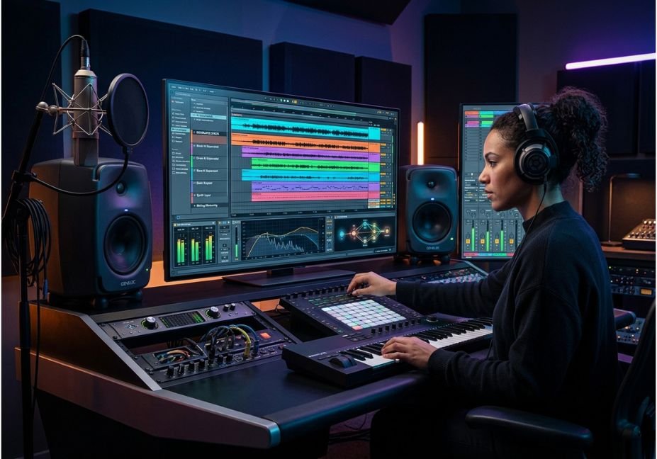 Music producer working at a studio desk with waveform editing software and a MIDI keyboard, AI music production tools 2026