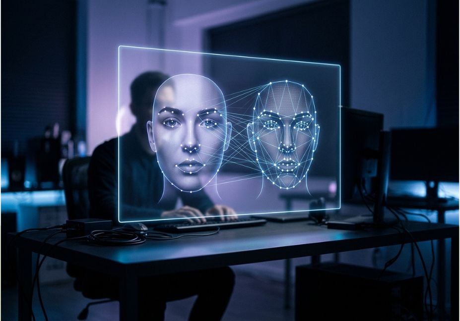 Person at a computer with a glowing facial landmark mapping overlay, illustrating AI face swap technology in 2026