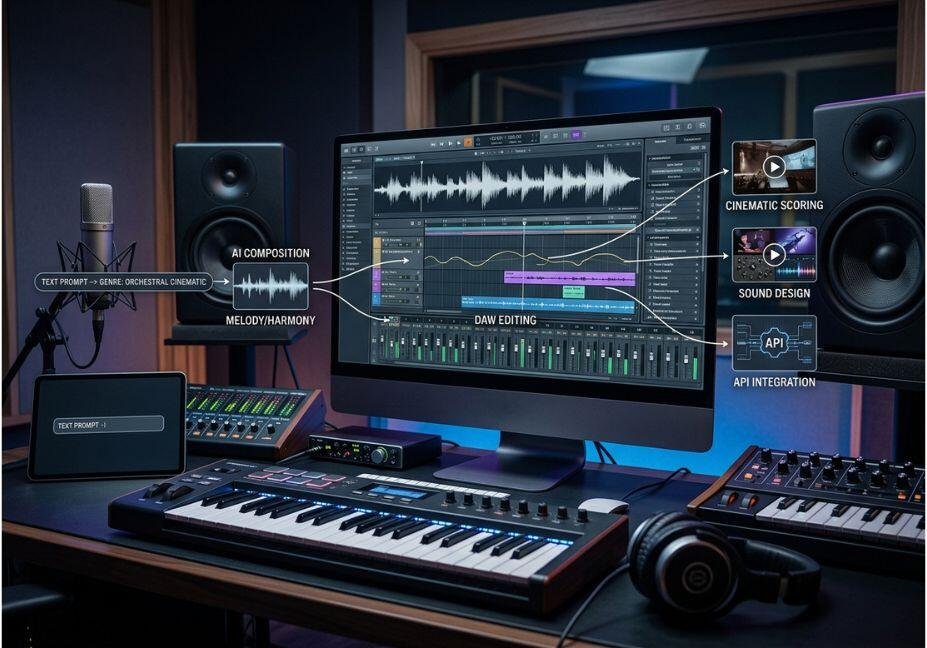 AI music composition studio with DAW and production equipment