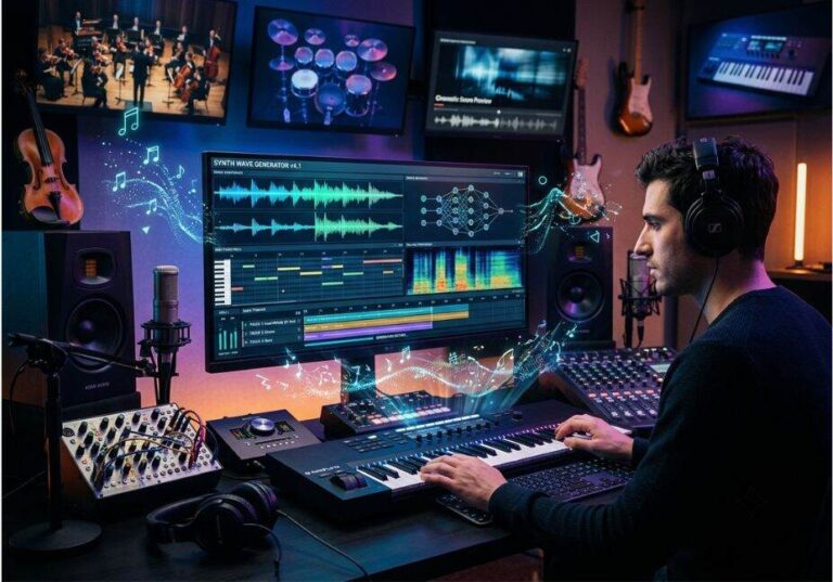 AI music producer using advanced music generation software in a modern recording studio.