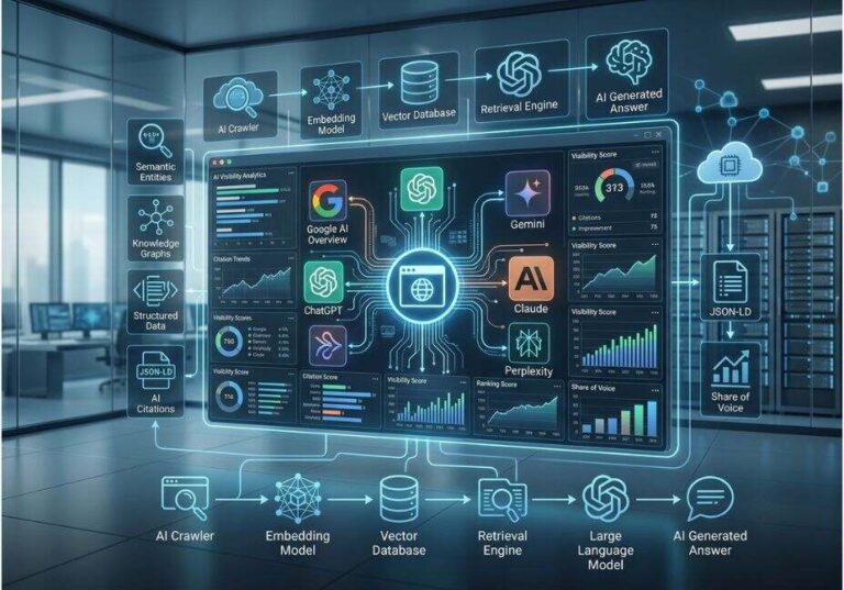 AI optimization tools dashboard showing AI search visibility analytics