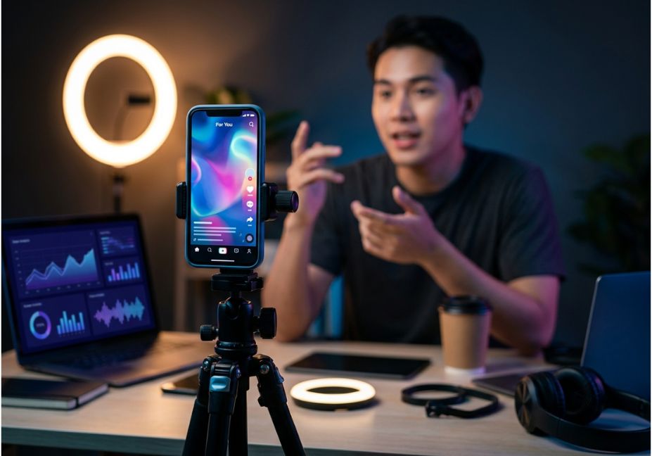 Content creator recording a TikTok video with a smartphone, ring light, and analytics dashboard.
