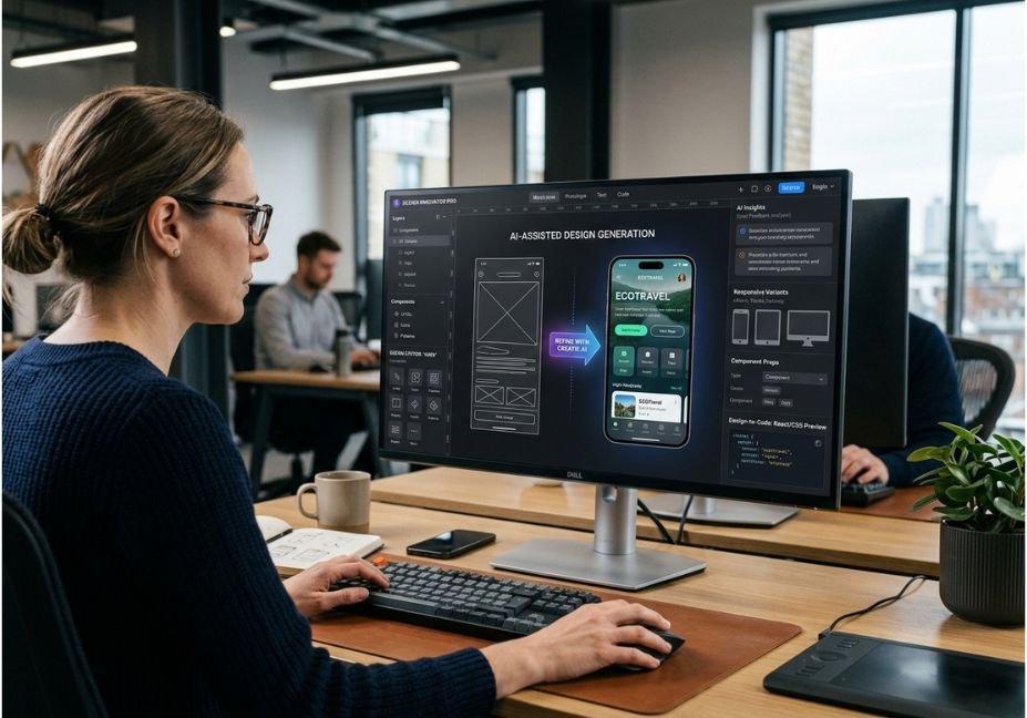 AI-assisted UX design with a designer using Creatie.ai.