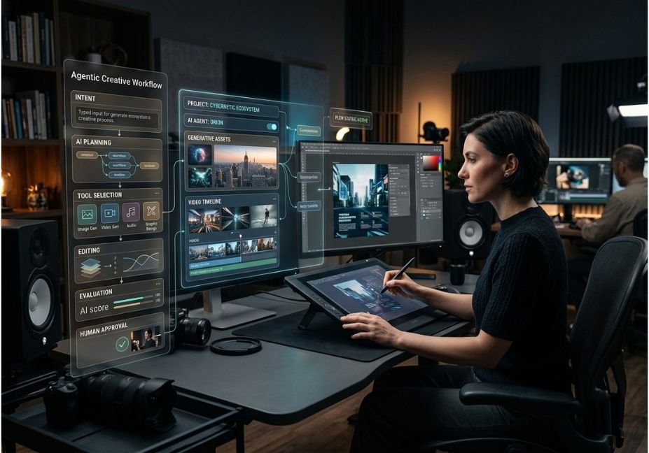 Creative professional working at a dual-monitor editing setup with an AI agentic creative workflow overlay showing planning and tool selection