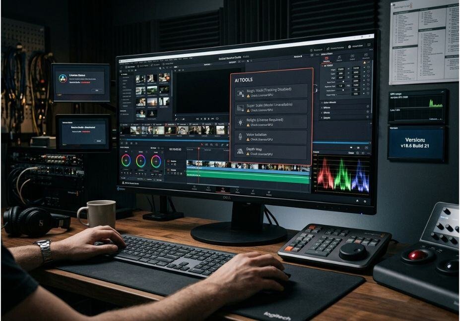 DaVinci Resolve workstation showing greyed-out AI tools on the editing interface.