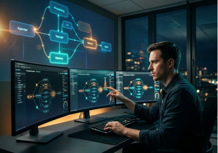 Engineer monitoring AI agent efficiency tracking dashboards on multiple screens at night