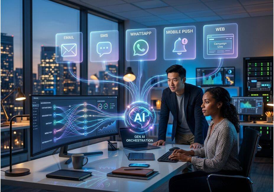 Marketing team using a gen AI omnichannel marketing tool to orchestrate personalized campaigns across email, SMS, WhatsApp, push, and web.