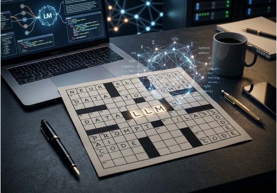 Crossword puzzle with LLM answer and AI technology on a laptop.