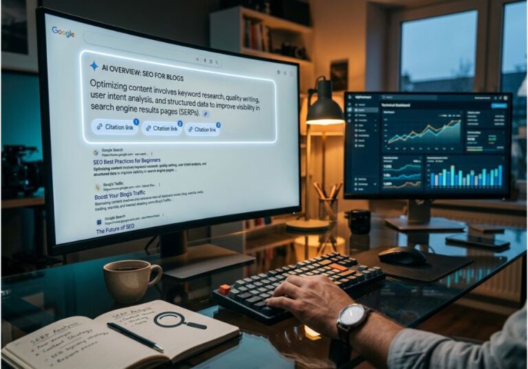 Desktop screen displaying a Google AI Overview result with citation links while browsing SEO data