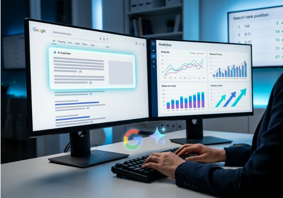 Dual monitor setup showing Google AI Overview results and analytics dashboard for tracking