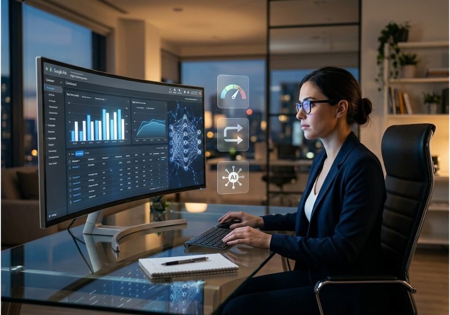 Marketer analyzing Google Ads AI tools dashboard with smart bidding, automation, and AI agent performance data.