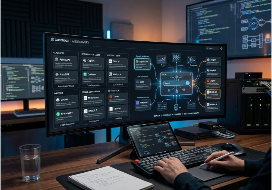 Developer browsing the Goseboze AI Discovery directory, comparing AI agents, coding assistants, and productivity tools.