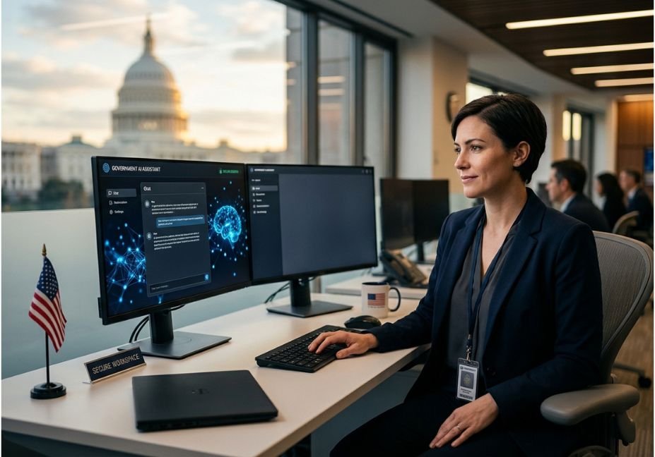 Federal employee using a government AI chatbot assistant at a secure workspace desk near the U.S. Capitol.