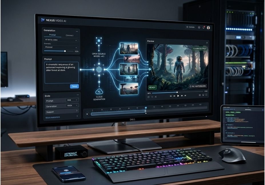 AI text-to-video generation workspace showing prompt-to-video creation.