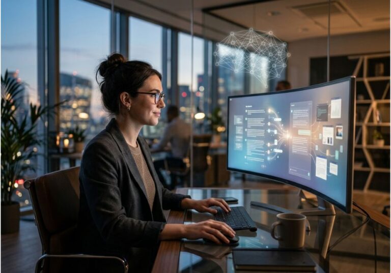 Professional analyzing AI visibility optimization data on curved monitor in modern office