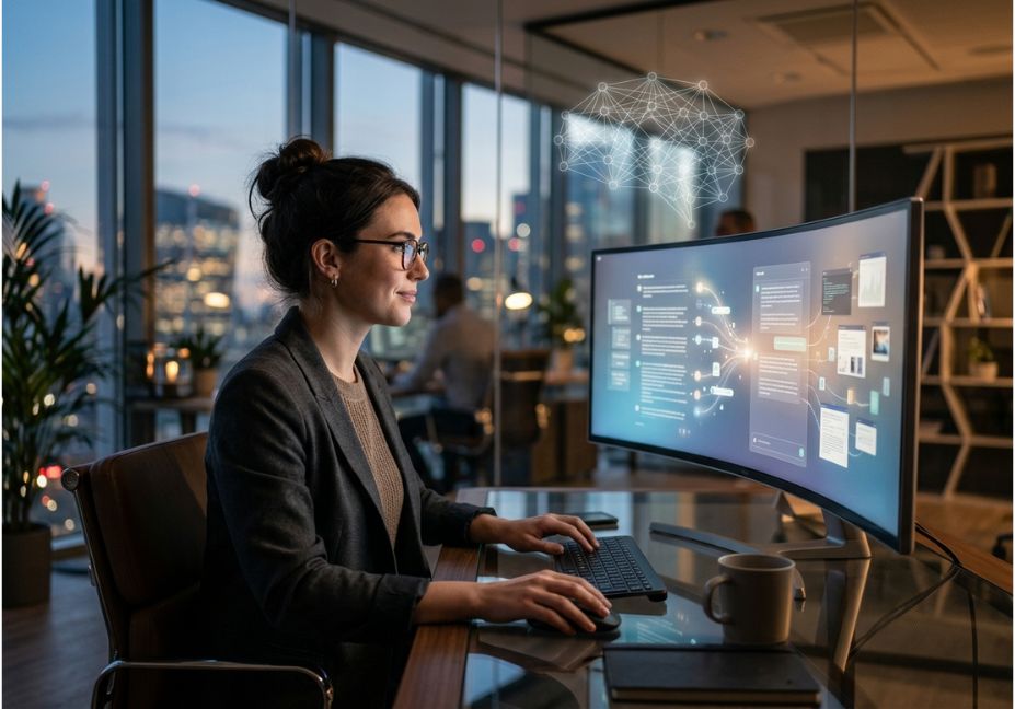 Professional analyzing AI visibility optimization data on curved monitor in modern office
