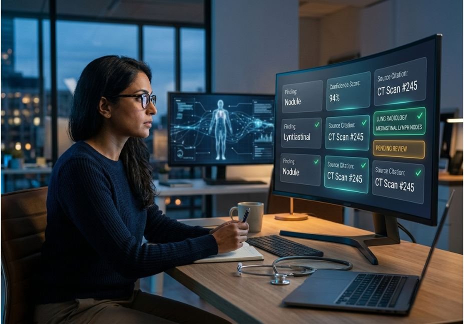 Radiologist reviewing AI-generated medical report findings with confidence scores and source citations on a clinical dashboard.