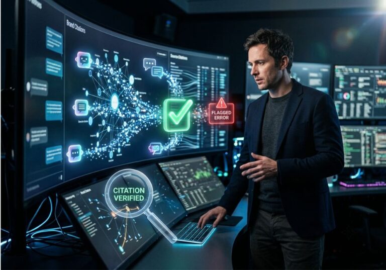 Analyst reviewing AI citation network and hallucination alerts on data accuracy dashboard
