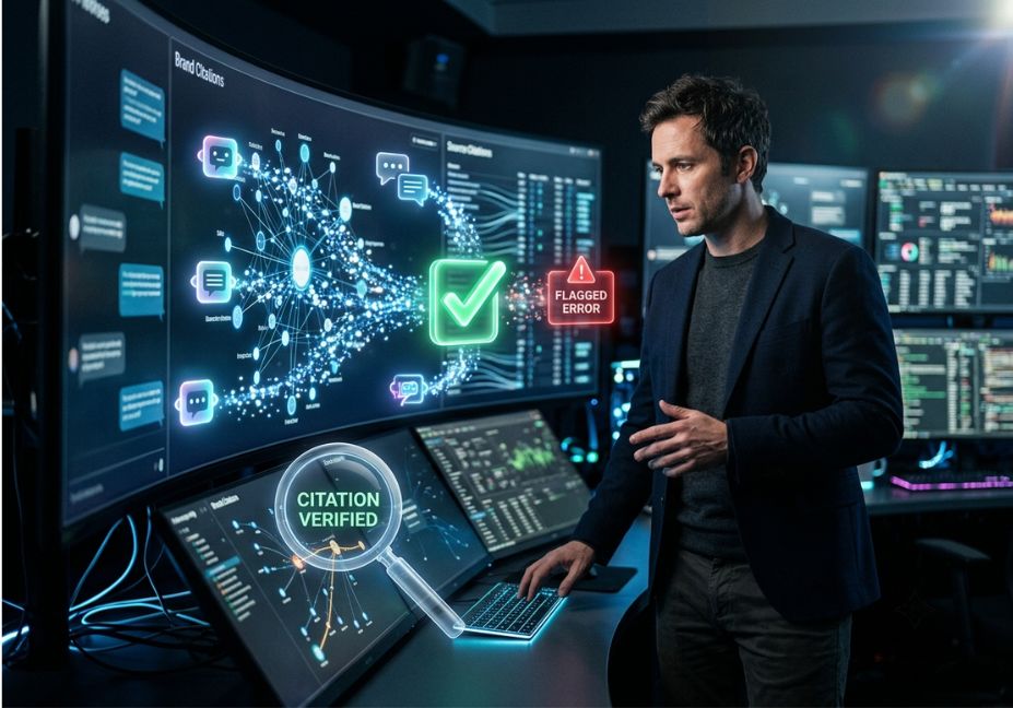 Analyst reviewing AI citation network and hallucination alerts on data accuracy dashboard