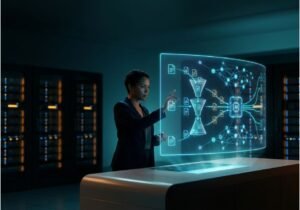 Data engineer analyzing AI retrieval pipeline hologram showing accurate data flow into AI search system