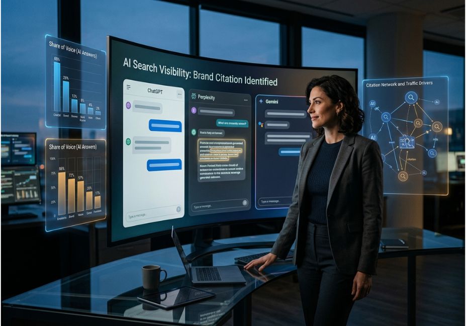 Image 1 (Featured Image) Alt Text: "Professional viewing AI search visibility dashboard showing brand citations across ChatGPT, Perplexity, and Gemini