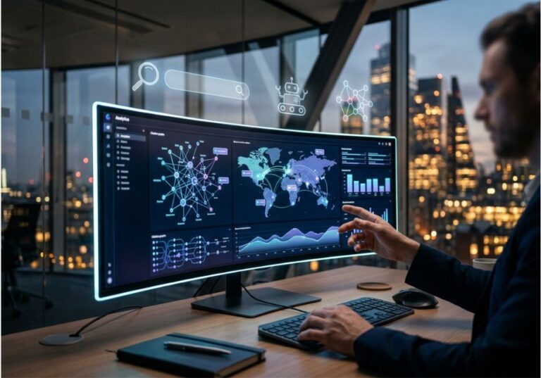 Analyst reviewing AI search visibility dashboard with brand citation data across ChatGPT, Perplexity, and Google AI Overviews