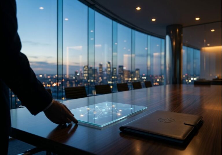 Modern boardroom with AI strategy dashboard representing enterprise AI consulting and digital transformation.