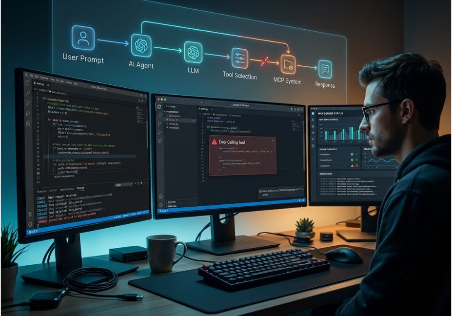 Developer troubleshooting Cursor AI Error Calling Tool using multiple monitors and MCP server dashboard.