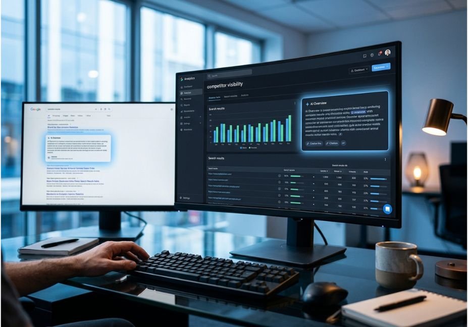 Analyst monitoring competitor visibility and AI Overview citations on a dual-monitor dashboard