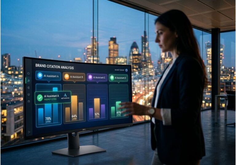 Professional viewing brand citation analysis dashboard comparing AI assistant citation rates