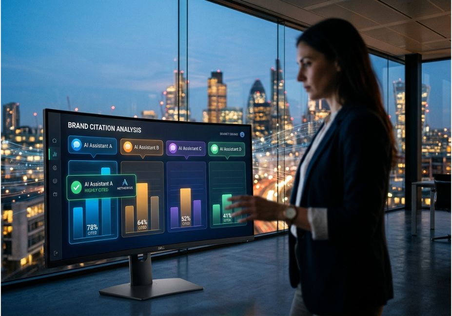 Professional viewing brand citation analysis dashboard comparing AI assistant citation rates