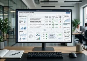 Enterprise AI email subject line optimization dashboard on a modern office monitor.