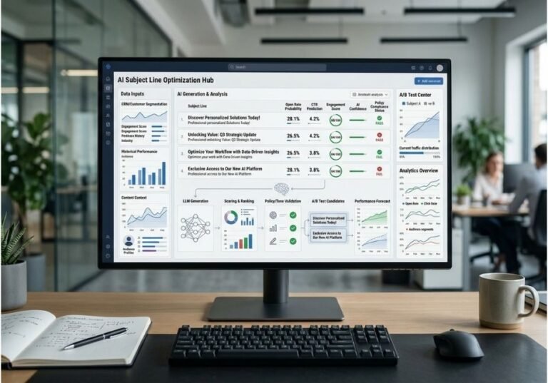 Enterprise AI email subject line optimization dashboard on a modern office monitor.