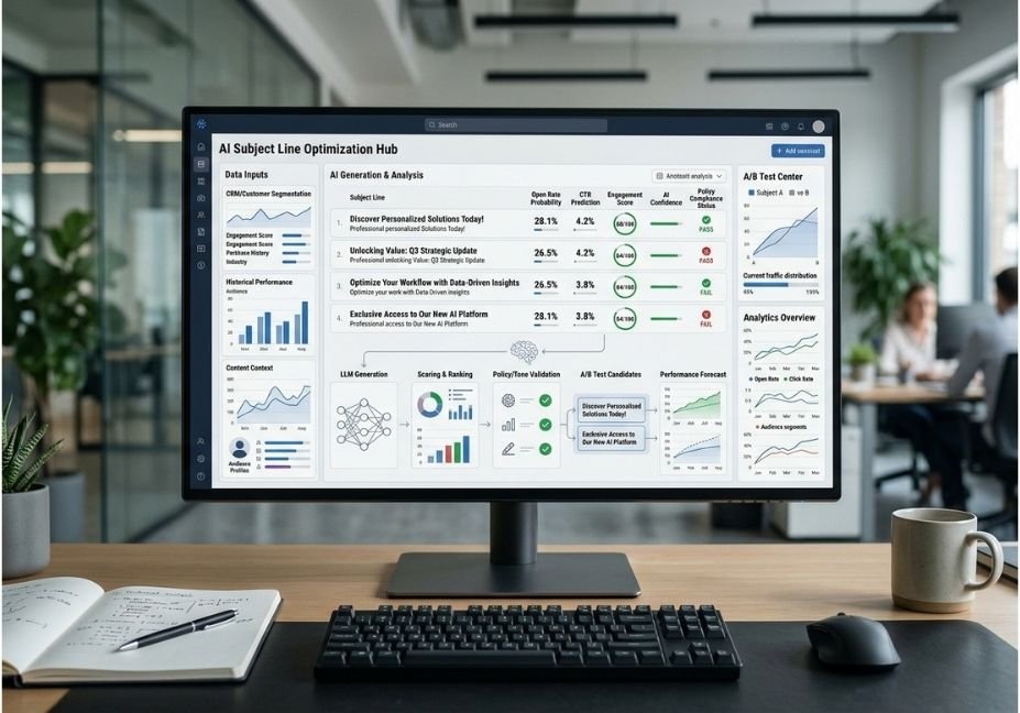 Enterprise AI email subject line optimization dashboard on a modern office monitor.