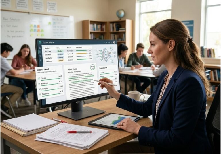 A teacher reviews AI-graded student essays on a dashboard showing rubric scores, feedback, and class-wide grading status while students work in the classroom behind her.