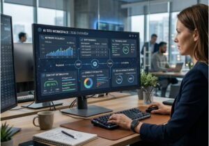 AI SEO workspace with SEO analytics dashboard and digital marketing professional.