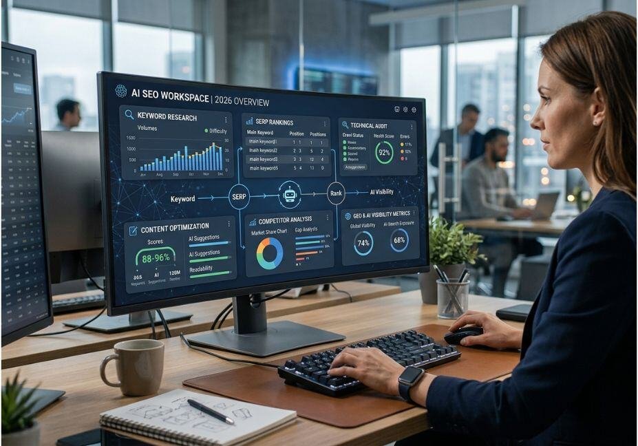 AI SEO workspace with SEO analytics dashboard and digital marketing professional.