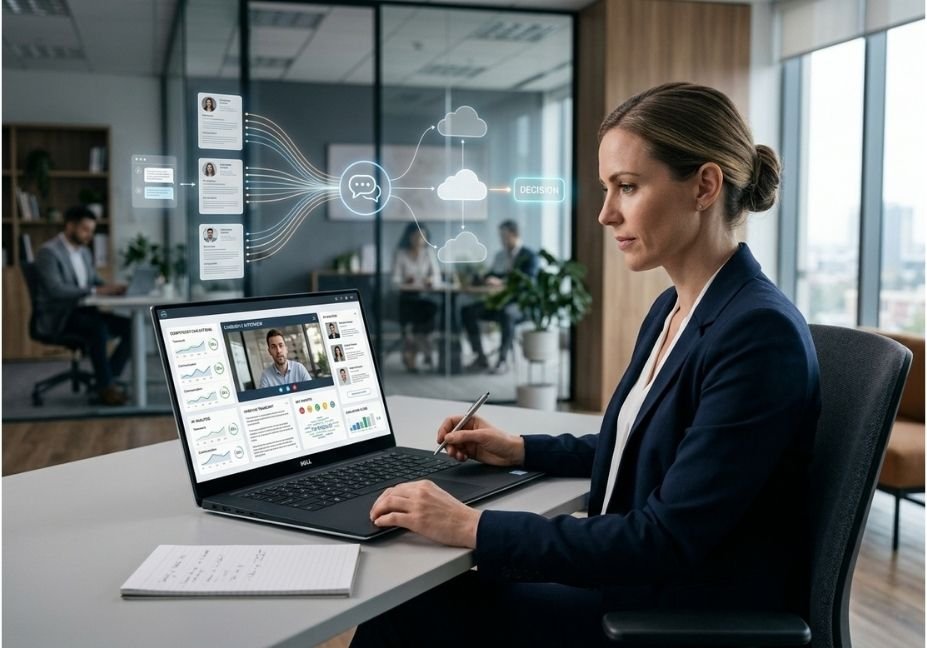 Recruiter using AI-powered interview analysis and candidate evaluation tools.