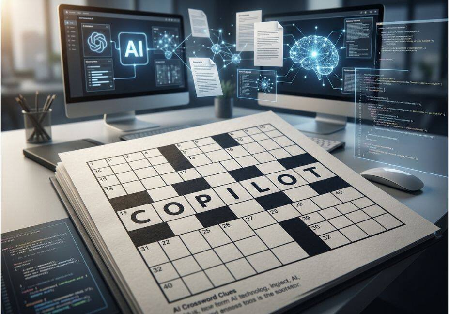 Crossword puzzle showing COPILOT with AI and coding technology in the background.