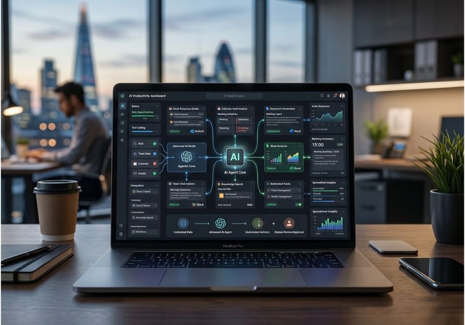 AI productivity tools and agentic workflow dashboard on a laptop.