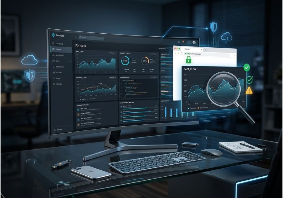 QuikConsole.com software dashboard with security and verification elements.