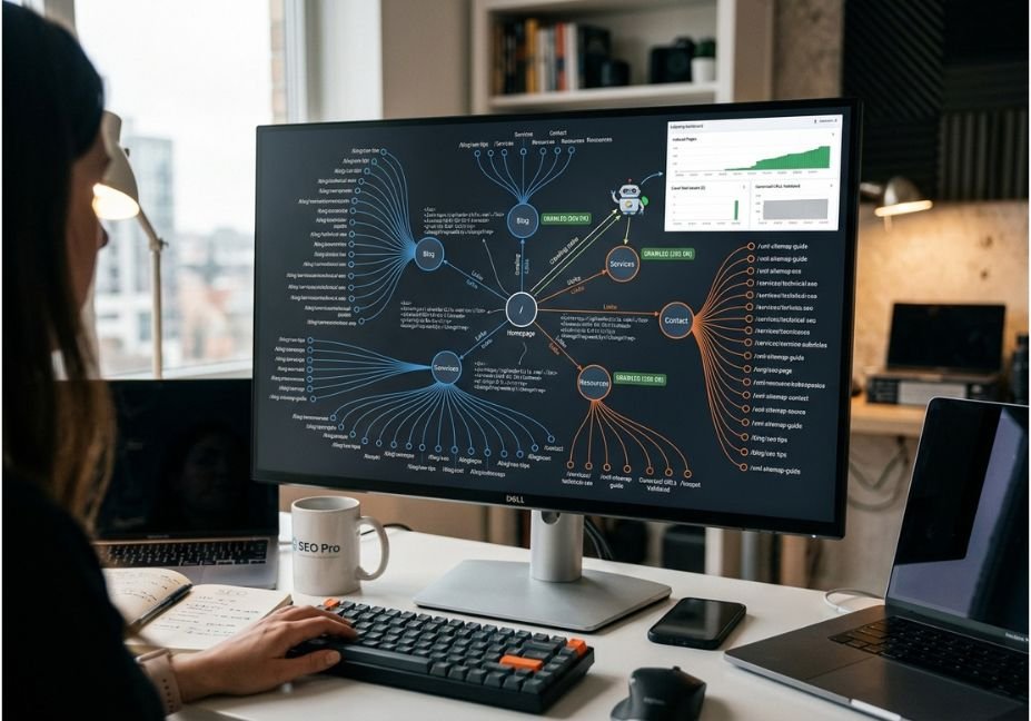 Professional SEO workspace showing a website sitemap structure and URL connections on a computer monitor.