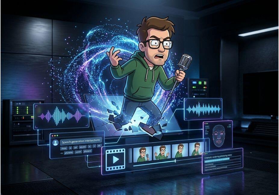 Sneakers O’Toole AI character with futuristic voice and video generation interface.