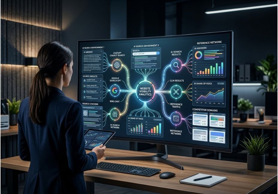 AI search visibility dashboard showing website citations, AI platforms, traffic, and competitor analysis.